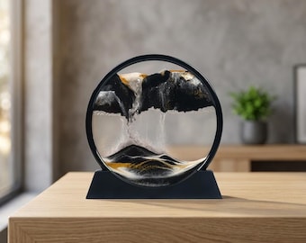 3D Moving Sand Art - Round Glass Deep Sea Sandscape in Motion - Flowing Sand Painting for Home & Office Decor - Relaxing Desktop Ornament