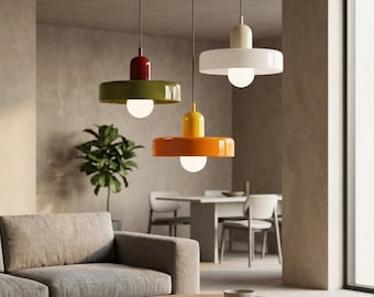 Modern Glass Pendant Light, Beige White Hanging Ceiling Lamp for Kitchen Island, Dining Room, Bedroom and Japandi Home Decor