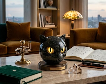 Hand Carved Black Stone Cat Sphere, Realistic Tiger Eye Cat Sculpture, Gothic Home Decor, Luxury Crystal Healing Stone, Mystical Cat