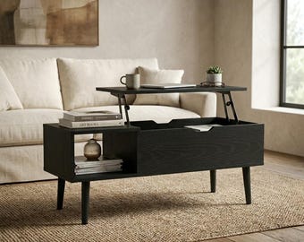 Table basse relevable - Table centrale moderne en bois de 99 cm avec rangement dissimulé et étagère ouverte - Bureau multifonctionnel relevable pour salon