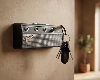 Fender Jack Rack - Wall Mounted Guitar Amp Key Holder - Includes 4 Guitar Plug Keychains - Vintage Style Music Room Decor & Musician Gift