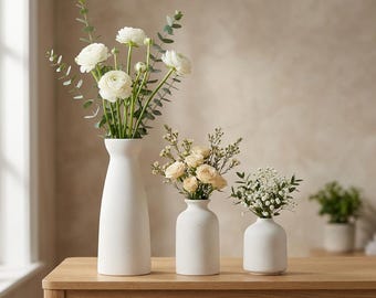 Set of 3 Ceramic Vases - Modern Farmhouse Off-White Flower Vases for Rustic Home Decor, Living Room, Shelf & Table Decoration