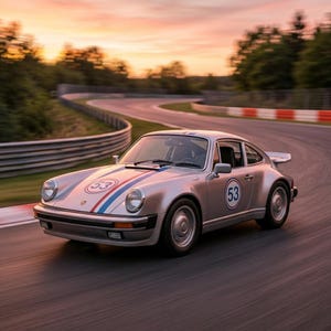 May include: Silver vintage sports car with racing stripes and the number 53 on the side and hood. The car is on a racetrack with a blurred background of trees and a sunset.