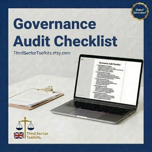 Può includere: Un laptop che mostra un documento "Governance Audit Checklist", accanto a un blocco per appunti con carta. L'immagine include il testo "Governance Audit Checklist" e "ThirdSectorToolkits.etsy.com".