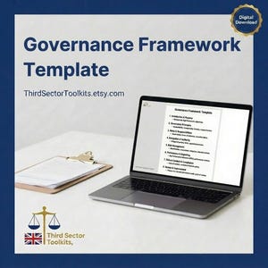 May include: A laptop showing a "Governance Framework Template" document, with a clipboard to the left. The text "Governance Framework Template" and "ThirdSectorToolkits.etsy.com" are visible. A digital download badge is in the upper right corner.