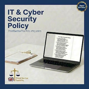 May include: A laptop screen showing "IT & Cyber Security Policy" text, alongside a clipboard. The image includes a "Digital Download" badge and the Etsy shop name "ThirdSectorToolkits.etsy.com".
