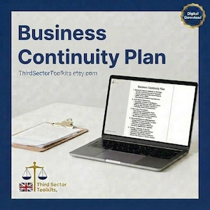 Può includere: Un laptop che mostra un documento "Business Continuity Plan" è accanto a un blocco per appunti. Il testo "Business Continuity Plan" è in alto, con l'URL del negozio Etsy sottostante. Un badge di download digitale si trova nell'angolo in alto a destra.
