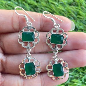 Handmade Emerald Sterling Silver Earrings | Art Deco green Gemstone Dangle (Made to Order)