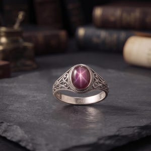 May include: A sterling silver ring featuring an oval-shaped, deep magenta star gemstone set in a beaded bezel. The band displays intricate, openwork scroll patterns along the sides, and the interior of the band is clearly stamped with 925.