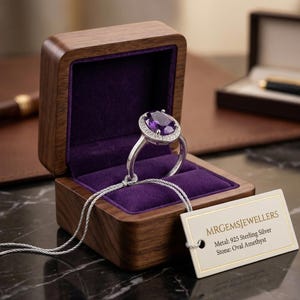 Oval ametistring, delad skaft i sterlingsilver, lila ädelsten i art déco-stil (beställningsvara)