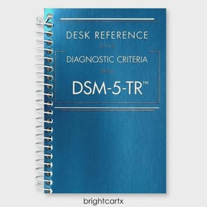 May include: A spiral-bound notebook with a metallic blue cover featuring the white text: DESK REFERENCE TO THE DIAGNOSTIC CRITERIA FROM DSM-5-TR. The cover has a smooth, reflective finish and white plastic spiral binding along the left side.
