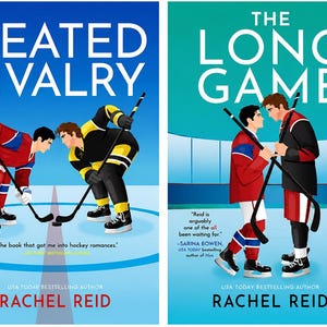 May include: Two book covers by Rachel Reid titled Heated Rivalry and The Long Game. Each cover features two hockey players in jerseys facing each other on an ice rink with hockey sticks. The text includes author names and book titles.