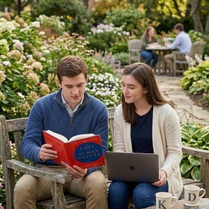 May include: A person in a blue quarter-zip sweater reading a red book titled The Laws of Human Nature, and a person in a cream cardigan using a gray laptop. Two white ceramic mugs with the letters K and D sit on a stone table in a garden.