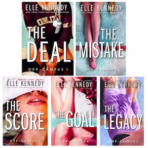 May include: A collection of five paperback books by Elle Kennedy titled The Deal, The Mistake, The Score, The Goal, and The Legacy. Each cover features photographic imagery of people and text indicating the series name Off-Campus 1 through 5.