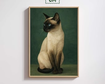 May include: A framed print of a Siamese cat with blue eyes, set against a dark green background. The cat is depicted in a seated pose, with a light tan body and dark brown points. The artwork is in a wooden frame.