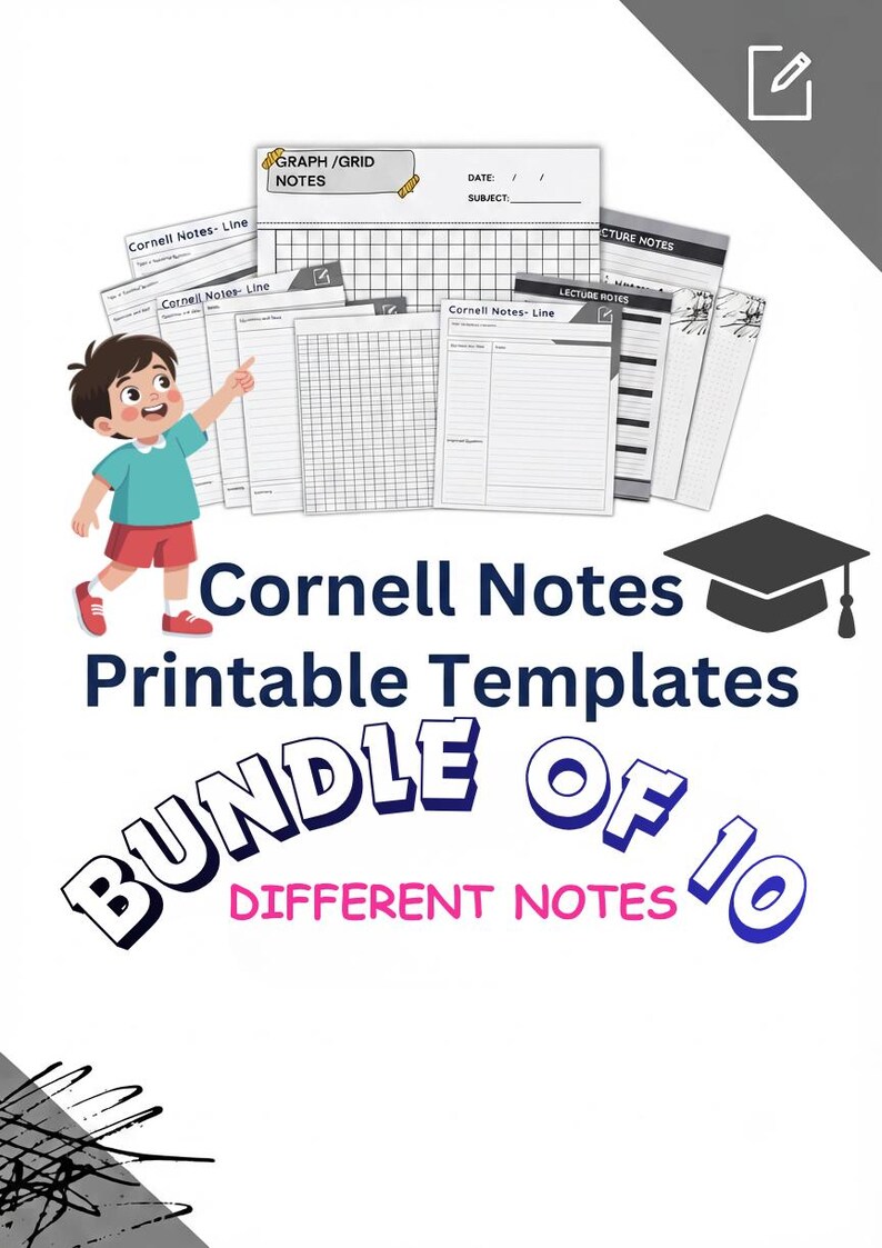 K&ouml;nnte beinhalten: Ein B&uuml;ndel von 10 druckbaren Cornell-Notizvorlagen mit verschiedenen Raster-, Linien- und Vorlesungslayouts. Der Text lautet Cornell Notes Printable Templates BUNDLE OF 10 DIFFERENT NOTES. Eine Zeichentrickfigur zeigt auf die Papiervorlagen.