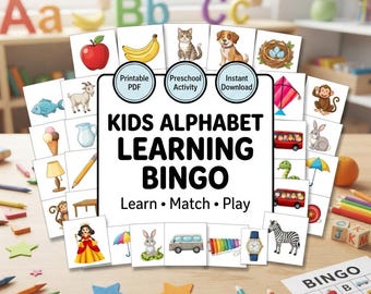 Könnte beinhalten: Ein ausdruckbares Alphabet-Lern-Bingo-Spiel für Kinder mit einem zentralen Schild mit dem Text KIDS ALPHABET LEARNING BINGO, Printable PDF, Preschool Activity, Instant Download und Learn Match Play, umgeben von verschiedenen Bildkarten.