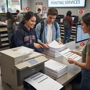 K&ouml;nnte beinhalten: Ein Canon Laserdrucker steht auf einem Tresen mit gedruckten Dokumenten neben Papierstapeln. Ein Schild an der Wand zeigt CORNELL NOTES PRINTING SERVICES. Die Szene enth&auml;lt die Beschriftungen A, B und C sowie einen Monitor auf der rechten Seite.