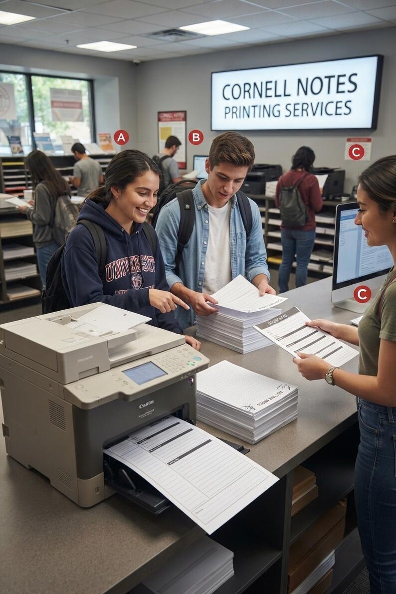 K&ouml;nnte beinhalten: Ein Canon Laserdrucker steht auf einem Tresen mit gedruckten Dokumenten neben Papierstapeln. Ein Schild an der Wand zeigt CORNELL NOTES PRINTING SERVICES. Die Szene enth&auml;lt die Beschriftungen A, B und C sowie einen Monitor auf der rechten Seite.