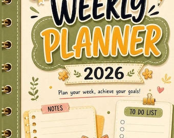 Könnte beinhalten: Ein spiralgebundener Wochenplaner für 2026 mit 30 Seiten. Das Cover zeigt den Text Include 30 pages, WEEKLY PLANNER, 2026, Plan your week, achieve your goals!, NOTES und TO DO LIST sowie Illustrationen von einer Katze, Uhr und Kalender.