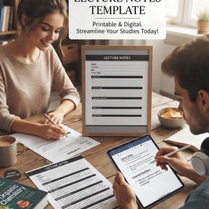 K&ouml;nnte beinhalten: Eine druckbare und digitale Vorlage f&uuml;r Vorlesungsnotizen mit einem klaren Layout und Abschnitten f&uuml;r Datum, Dozent und Schl&uuml;sselkonzepte. Das Dokument enth&auml;lt den Text "LECTURE NOTES" sowie Zeilen mit Aufz&auml;hlungspunkten.