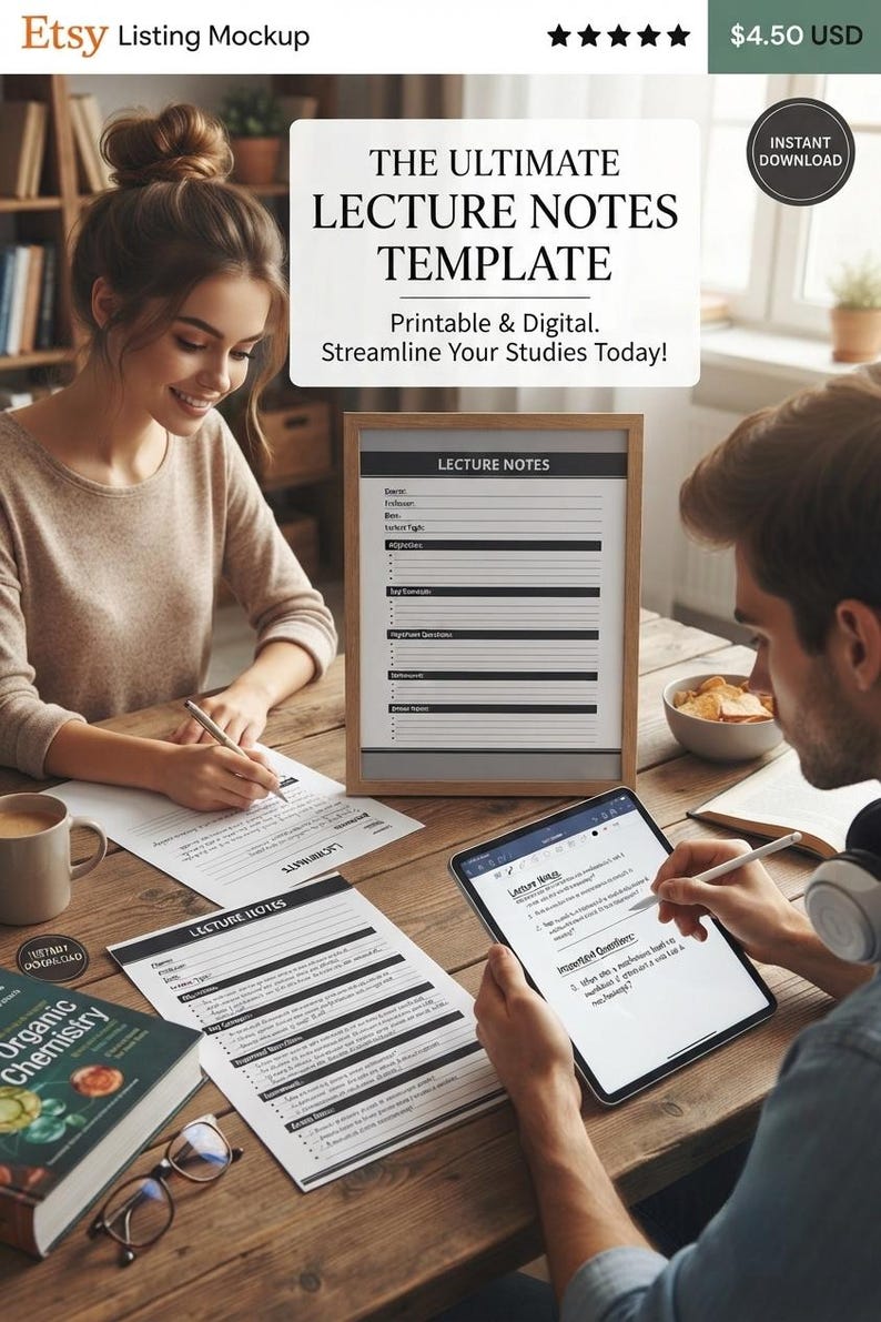 K&ouml;nnte beinhalten: Eine druckbare und digitale Vorlage f&uuml;r Vorlesungsnotizen mit einem klaren Layout und Abschnitten f&uuml;r Datum, Dozent und Schl&uuml;sselkonzepte. Das Dokument enth&auml;lt den Text "LECTURE NOTES" sowie Zeilen mit Aufz&auml;hlungspunkten.