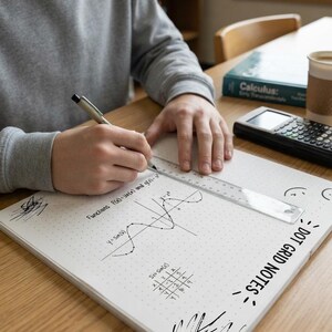 K&ouml;nnte beinhalten: Ein wei&szlig;es Notizbuch mit Punktraster, schwarzen mathematischen Diagrammen, einer Wertetabelle und dem Text DOT GRID NOTES. Die Seite enth&auml;lt handgezeichnete Skizzen und eine Sinuskurve, sowie ein darauf liegendes, transparentes Lineal.