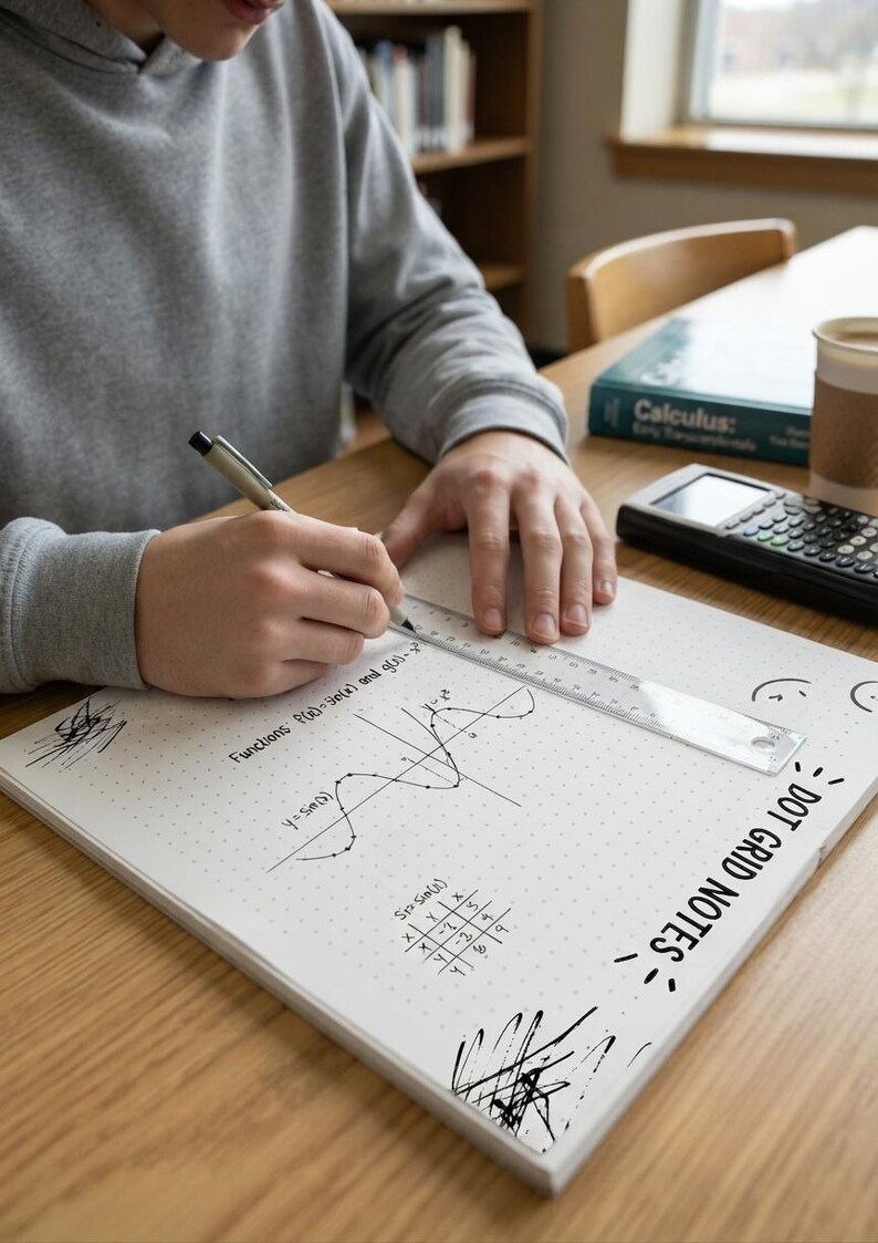 K&ouml;nnte beinhalten: Ein wei&szlig;es Notizbuch mit Punktraster, schwarzen mathematischen Diagrammen, einer Wertetabelle und dem Text DOT GRID NOTES. Die Seite enth&auml;lt handgezeichnete Skizzen und eine Sinuskurve, sowie ein darauf liegendes, transparentes Lineal.