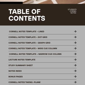 K&ouml;nnte beinhalten: Eine digitale Inhaltsverzeichnisseite mit dem Titel Students Cornel Notes, die Vorlagen wie Cornell Notes Lined, Dot Grid, Graph Grid, Wide und Narrow Cue Columns, Lecture Notes, Study Summary, Index, Bonus Pages, Plane und Smart Goals auflistet.
