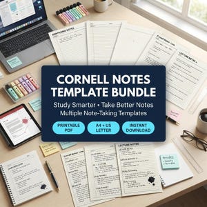 Könnte beinhalten: Ein Cornell-Notizen-Vorlagenpaket mit verschiedenen druckbaren Lernseiten in Raster-, Linien- und Vorlesungsformaten. Die zentrale dunkelblaue Grafik zeigt den Text Cornell Notes Template Bundle, Study Smarter, Take Better Notes, Multiple Note-Taking Templates, Printable PDF, A4 + US Letter und Instant Download.