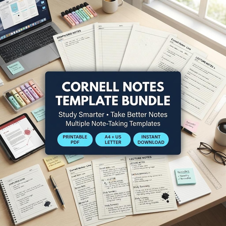 K&ouml;nnte beinhalten: Ein Cornell-Notizen-Vorlagenpaket mit verschiedenen druckbaren Lernseiten in Raster-, Linien- und Vorlesungsformaten. Die zentrale dunkelblaue Grafik zeigt den Text Cornell Notes Template Bundle, Study Smarter, Take Better Notes, Multiple Note-Taking Templates, Printable PDF, A4 + US Letter und Instant Download.
