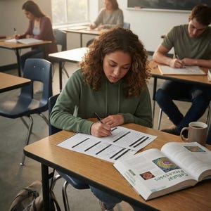 K&ouml;nnte beinhalten: Ein Sch&uuml;ler mit lockigem Haar in einem olivgr&uuml;nen Kapuzenpullover sitzt an einem Holztisch in einem Klassenzimmer und schreibt auf ein Dokument. Ein aufgeschlagenes Lehrbuch mit dem Titel Cellular Processes, eine Tasse und ein Rucksack liegen auf dem Tisch.