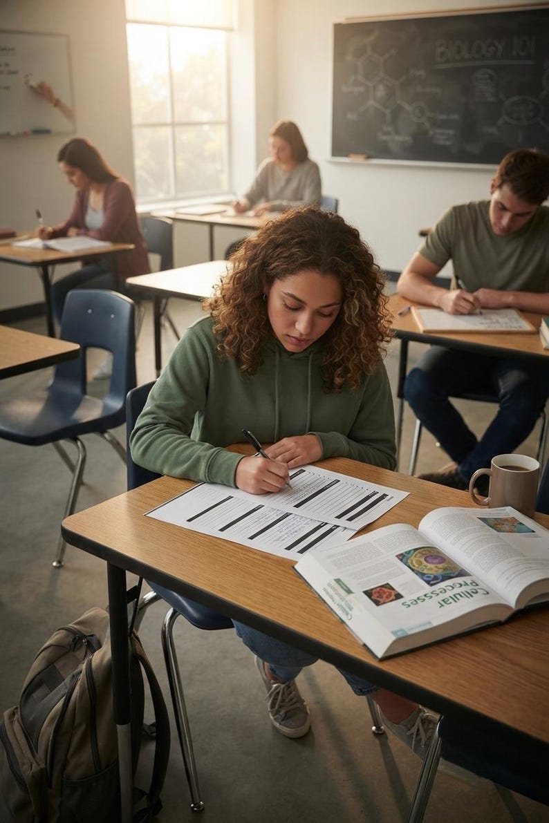 K&ouml;nnte beinhalten: Ein Sch&uuml;ler mit lockigem Haar in einem olivgr&uuml;nen Kapuzenpullover sitzt an einem Holztisch in einem Klassenzimmer und schreibt auf ein Dokument. Ein aufgeschlagenes Lehrbuch mit dem Titel Cellular Processes, eine Tasse und ein Rucksack liegen auf dem Tisch.