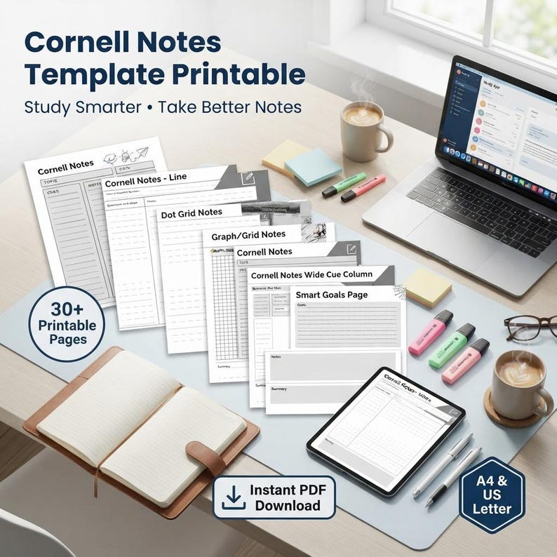 K&ouml;nnte beinhalten: Eine Sammlung druckbarer Cornell-Notizvorlagen mit liniertem, gepunktetem, kariertem Papier und Zielsetzungsseiten. Das Set enth&auml;lt &uuml;ber 30 Seiten in A4 und US Letter als sofortiger PDF-Download f&uuml;r strukturiertes Lernen und Notieren.