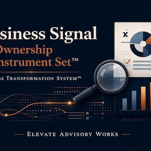 May include: An illustration with the text "Business Signal Ownership Instrument Set" and "Business Transformation System". A magnifying glass is in front of a chart with graphs and data visualizations. The background is dark blue.