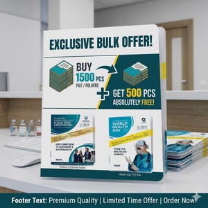 May include: A promotional display for file folders with the text "EXCLUSIVE BULK OFFER!". It offers to buy 1500 file folders and get 500 free. The display includes examples of corporate and health-themed file designs.