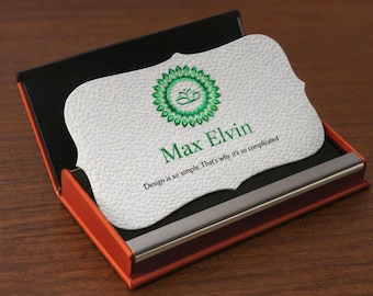 Custom Business Cards, Die Cut Unique Shape, Blue Foil Logo, 500 GSM Cardstock