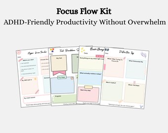 Focus Flow Kit/ADHD Produktivitetsplanerare/Fokus, Uppgiftshantering, Brain Dump (Digital nedladdning)