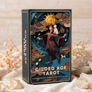 Op de afbeelding: Een rechthoekige Gilded Age Tarot-kaartendoos met een donkerblauwe omslag en goudfolie accenten. De illustratie toont een figuur met een kleine witte hond, een zon en zwevende munten. De tekst luidt Gilded Age Tarot en Layered Realms, Glimpsing the Truth of Fate.