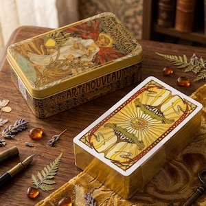 Jeu de tarot Art Nouveau doré, tranches dorées et coffret en métal, 78 cartes, style vintage, cartes à feuille d'or, cadeau de méditation