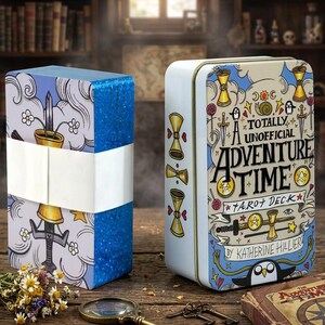 Adventure Time Inspired Tarot Cards in Metal Tin, 78 Gold plated Edge Tarot Deck with Storage Box, Collectible Card Set, Gift for Tarot Fans