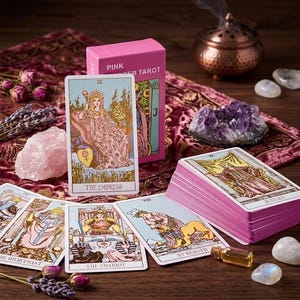 Pode incluir: Um baralho de tarot Pink Copper Tarot com uma caixa rosa com o texto PINK COPPER TAROT, exibindo cartas como The Empress, The Hierophant, The Chariot, Strength e Justice, junto a quartzo rosa, ametista e lavanda seca.