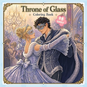Pu&ograve; includere: Copertina di un libro da colorare con il titolo "Throne of Glass" e le parole "Coloring Book". L'immagine raffigura una coppia in abito formale, con maschere e che balla in una sala da ballo. La copertina ha un bordo azzurro e le parole "08 Pages".