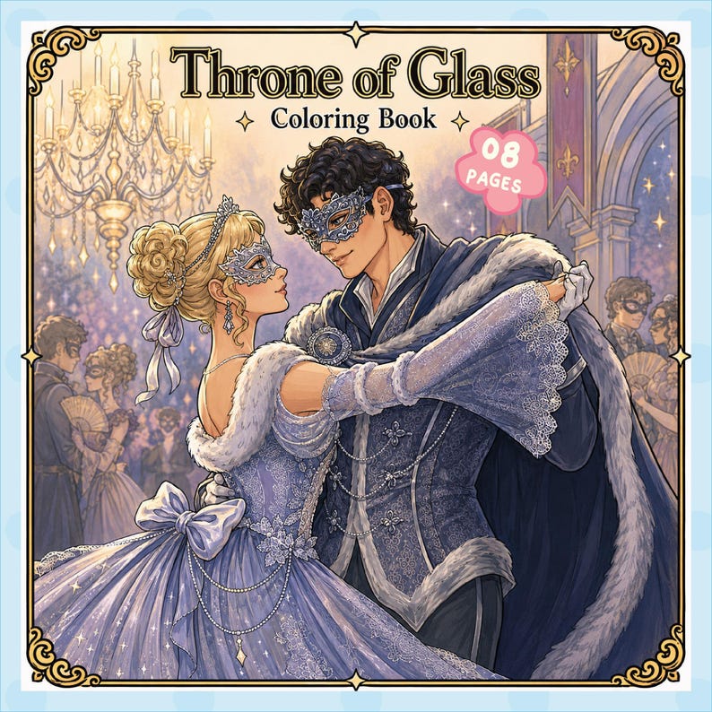 Pu&ograve; includere: Copertina di un libro da colorare con il titolo "Throne of Glass" e le parole "Coloring Book". L'immagine raffigura una coppia in abito formale, con maschere e che balla in una sala da ballo. La copertina ha un bordo azzurro e le parole "08 Pages".