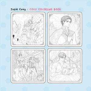 Pu&ograve; includere: Un libro da colorare con quattro illustrazioni a tema fantasy. Il libro presenta disegni al tratto di una donna che scala un muro del castello, un uomo con un mantello, una coppia con spade e una coppia che legge a letto. Il testo "Josie Cozy / COZY COLORING BOOK" &egrave; in alto.