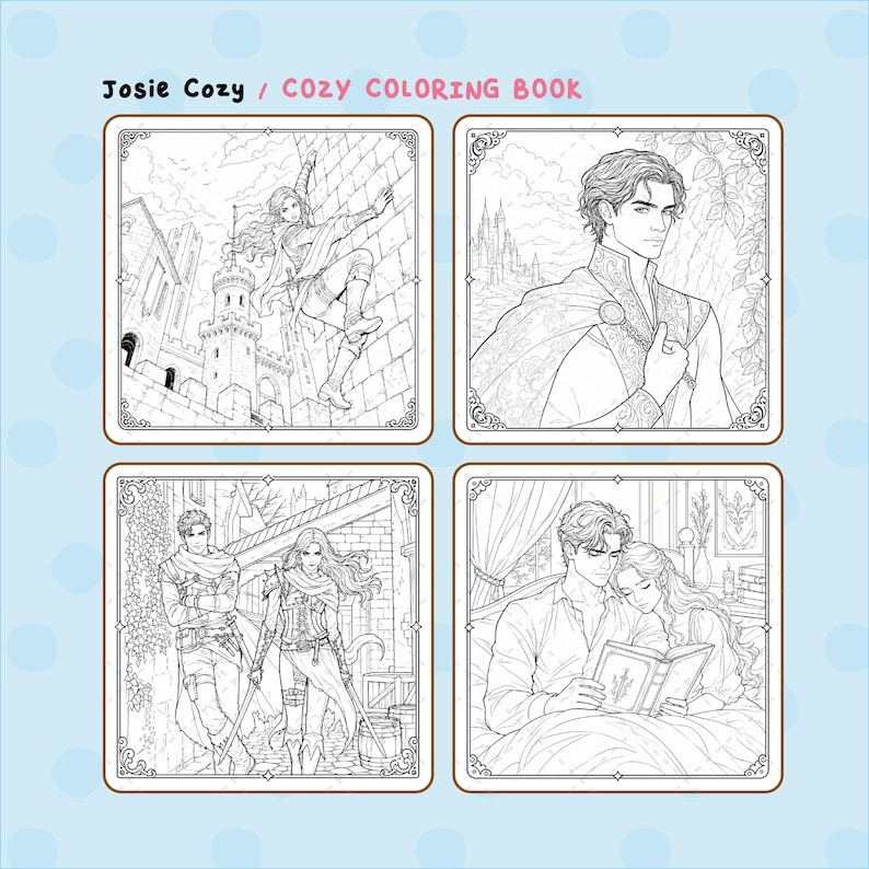 Pu&ograve; includere: Un libro da colorare con quattro illustrazioni a tema fantasy. Il libro presenta disegni al tratto di una donna che scala un muro del castello, un uomo con un mantello, una coppia con spade e una coppia che legge a letto. Il testo "Josie Cozy / COZY COLORING BOOK" &egrave; in alto.