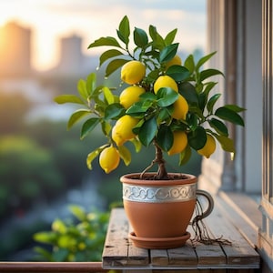 May include: A potted lemon tree with bright yellow lemons and green leaves. The tree is in a brown ceramic pot with a decorative silver rim, sitting on a wooden surface. The background shows a blurred cityscape and sunlight.