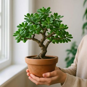 May include: A small, green jade plant in a terracotta pot. The plant has thick, rounded leaves and a woody trunk. The pot is held in two hands. The plant is a houseplant and is likely used for decoration.