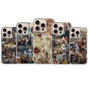 May include: Five clear phone cases with Harry Potter designs. The cases feature collages of characters, scenes, and text from the series. The colour palette includes browns, tans, and sepia tones, with some cases displaying the text "Harry Potter" and "The Marauders Map".