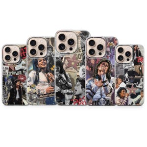 May include: Five phone cases showcasing images of Michael Jackson. The cases feature various photographs of the singer, some with newspaper-style backgrounds and the word "Thriller". The cases have clear edges.